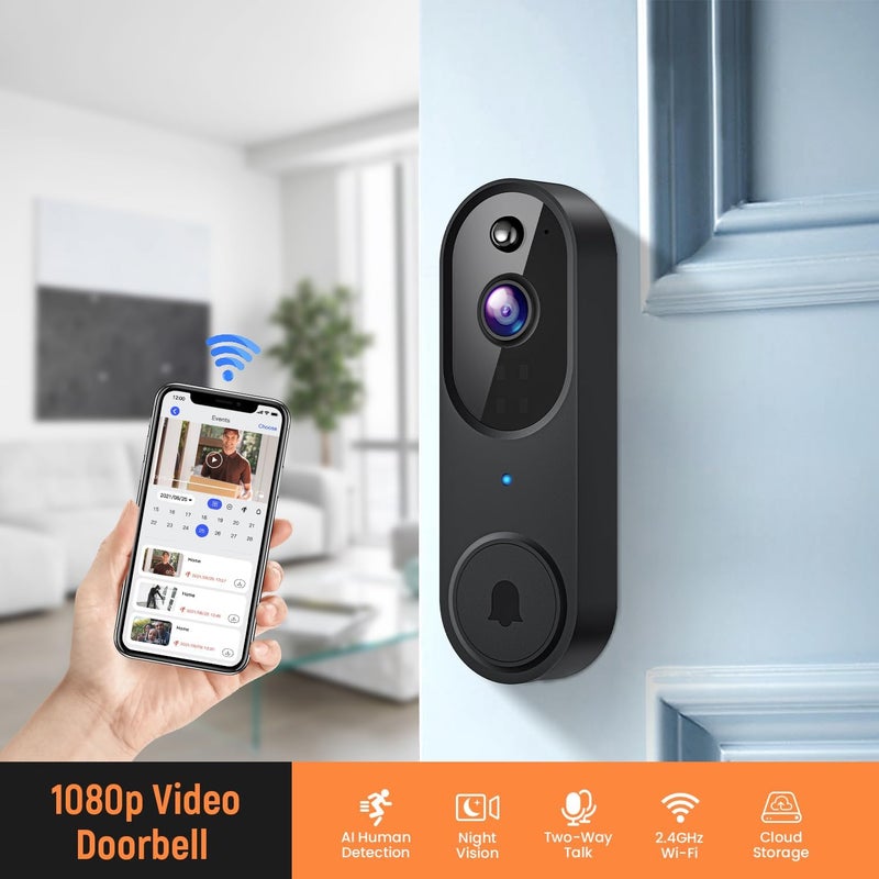 GridTera Smart Video Doorbell Camera Wireless, AI Human Detection and Instant Alerts, Night Vision, 2-Way Audio, Battery Powered, Cloud Storage Sold Seperately, 2.4G WiFi (Chime Included) - Image 2